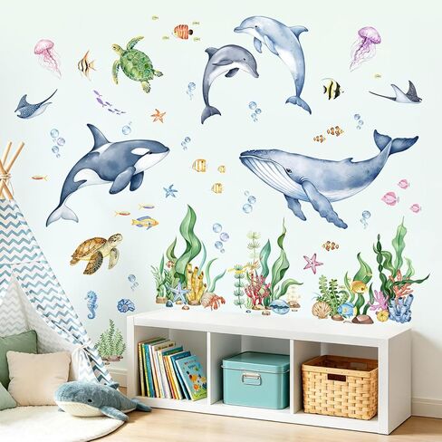 Supzone Under the Sea Wall Decals - Ocean Animals Fish Sea Turtle Whale Seaweed Wall Stickers for Kids Baby Nursery Toddlers Bedroom Bathroom Playroom Ocean Theme Decor in Kuwait