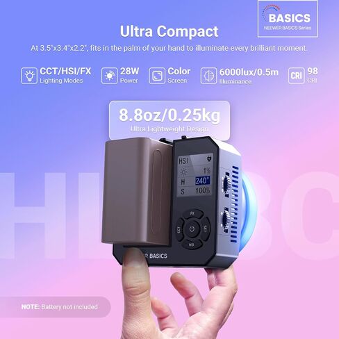 NEEWER Basics 28W Full RGB Pocket LED Video Light, Dimmable COB Studio Continuous Output Lighting for Photography Video Recording Vlog Streaming, 6000lux/0.5m 2500K–10000K CRI98 20 Scenes, HL28C in Kuwait