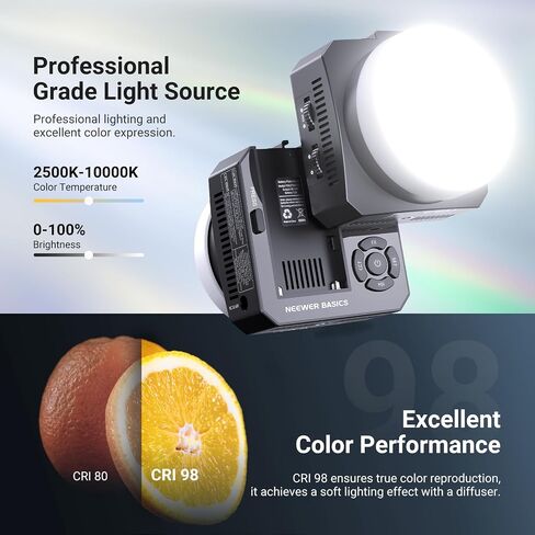 NEEWER Basics 28W Full RGB Pocket LED Video Light, Dimmable COB Studio Continuous Output Lighting for Photography Video Recording Vlog Streaming, 6000lux/0.5m 2500K–10000K CRI98 20 Scenes, HL28C in Kuwait