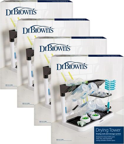 Dr. Brown's Drying Tower, Stand-Up Drying Rack, Countertop Baby Bottle Drying with Organized Storage for Baby Essentials, Space Saving Vertical Rack, Black/White in Kuwait