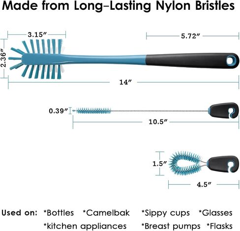 MOSOLAN 3-in-1 Water Bottle Cleaning Brush Set - Long Handle Scrubbing Brush for Tumbler, Straw, Baby Bottles, Drinking Glasses, Smokey Blue in Kuwait