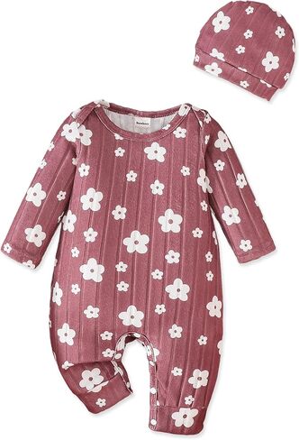 Newborn Baby Girl Clothes Infant Romper Fall Winter Outfits Floral Letter Bodysuit+Hat in Kuwait