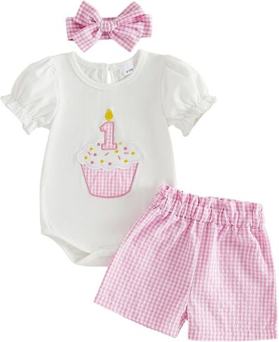 GOOCHEER Baby Girl First Birthday Outfit 1 Cake Short Sleeve Romper T-Shirt Plaid Shorts One Year Old Birthday Clothes in Kuwait