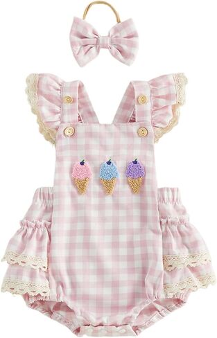 Baby Girl Plaid Romper Lace Trim Ice Cream Embroidery Ruffle Sleeve Infant Bodysuits Jumpsuits with Headband in Kuwait