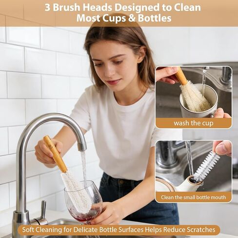 YMZ C&A Bottle Brush Cleaner Set-Teak Wood Handle for Glass Cups, Coffee Cups, Mugs, and Sport Bottles in Kuwait