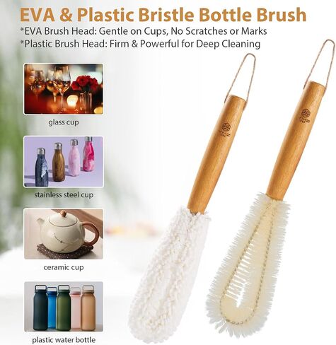 YMZ C&A Bottle Brush Cleaner Set-Teak Wood Handle for Glass Cups, Coffee Cups, Mugs, and Sport Bottles in Kuwait