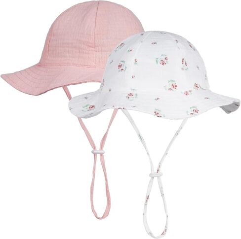 Nydotd 2 Pack Baby Sun Hat Muslin Toddler Bucket Hat UPF 50+ Sun Protection Wide Brim Cap Kids Girls Summer Beach Hats in Kuwait