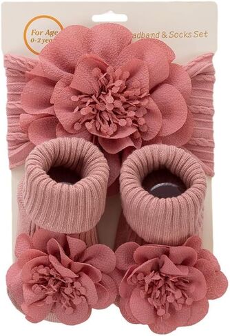 Baby Girl Knitted Turban Hat & Socks Set with Bow - Soft Headband & Short Socks Gift Set in Kuwait