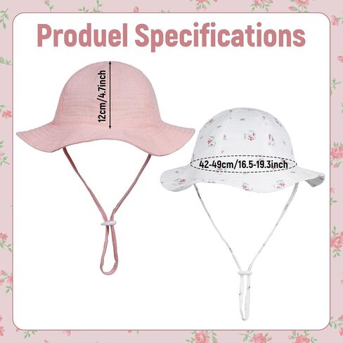 Nydotd 2 Pack Baby Sun Hat Muslin Toddler Bucket Hat UPF 50+ Sun Protection Wide Brim Cap Kids Girls Summer Beach Hats in Kuwait
