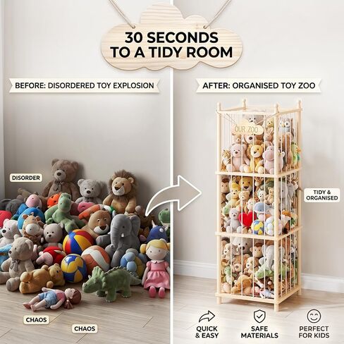 Stuffed Animal Storage Zoo - 54 Inch Large Wooden Toy Organizer, Anti-Tip Design Plushie Storage Rack for Nursery & Playroom, Easy Assembly in Kuwait