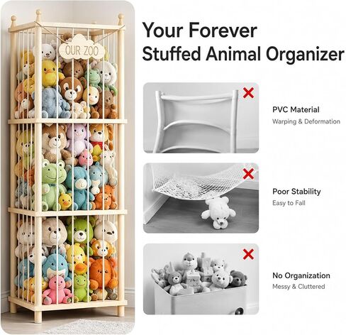 Stuffed Animal Storage Zoo - 54 Inch Large Wooden Toy Organizer, Anti-Tip Design Plushie Storage Rack for Nursery & Playroom, Easy Assembly in Kuwait