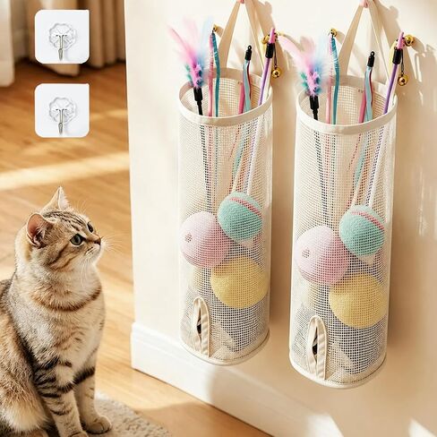 2 Pack Cat Wand Toy Organizer Storage Holder Bag, 15.16" Height Not Suitable for Small toys (w/ a Hole in the Bottom), Kitten Stick Toy Mesh for Cat Feather Toys Wall Hanging with Adhesive Hooks in Kuwait