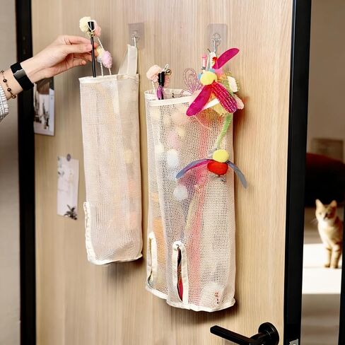 2 Pack Cat Wand Toy Organizer Storage Holder Bag, 15.16" Height Not Suitable for Small toys (w/ a Hole in the Bottom), Kitten Stick Toy Mesh for Cat Feather Toys Wall Hanging with Adhesive Hooks in Kuwait