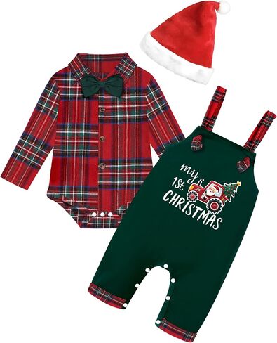 Baby Boy Christmas Outfit My First Christmas Day Baby Boy Outfit Plaid Romper + Overall Pants + Hat 3pcs Xmas Sets in Kuwait