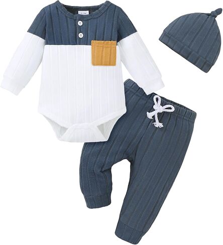 Renotemy Preemie Newborn Baby Boy Clothes Ribbed Knitted Long Sleeve Rompers Fall Winter Outfits Pants Sets Gifts for Boys in Kuwait