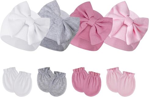 4Pack Newborn Baby Hats and Mittens Set Cotton Bow Infant Caps Gloves Warm Knit No Scratch Mitten Beanie Set for Baby Girls Boys in Kuwait