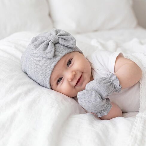 4Pack Newborn Baby Hats and Mittens Set Cotton Bow Infant Caps Gloves Warm Knit No Scratch Mitten Beanie Set for Baby Girls Boys in Kuwait
