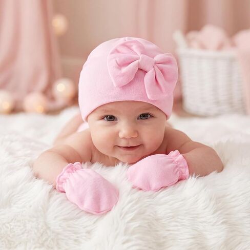 4Pack Newborn Baby Hats and Mittens Set Cotton Bow Infant Caps Gloves Warm Knit No Scratch Mitten Beanie Set for Baby Girls Boys in Kuwait