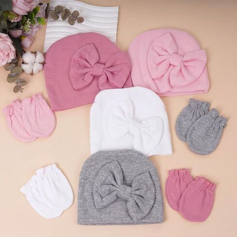 4Pack Newborn Baby Hats and Mittens Set Cotton Bow Infant Caps Gloves Warm Knit No Scratch Mitten Beanie Set for Baby Girls Boys in Kuwait