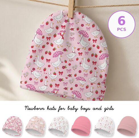 6 Pack Baby Beanie Hats for Newborns Goose Toddler Beanies Baby Girl Hat Pink Cotton Soft Warm Cap Newborn Hospital Hat for Infant Girls 0-6 Months in Saudi Arabia