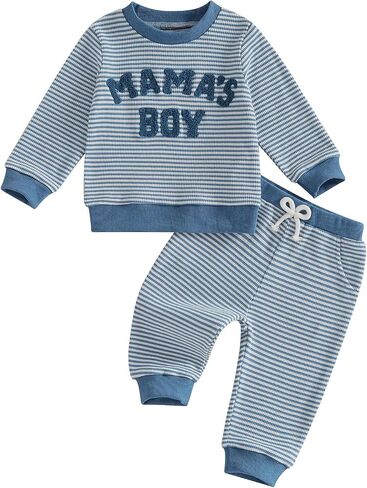 Baby Boy Clothes Fall Mamas Boy Embroidered Long Sleeve Sweatshirt Pants Set Toddler Striped Waffle Knit Outfit (Blue Mamas Boy, 12-18 Months) in Kuwait