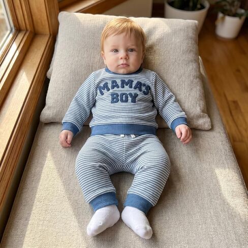 Baby Boy Clothes Fall Mamas Boy Embroidered Long Sleeve Sweatshirt Pants Set Toddler Striped Waffle Knit Outfit (Blue Mamas Boy, 12-18 Months) in Kuwait