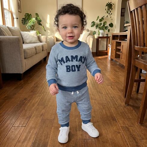 Baby Boy Clothes Fall Mamas Boy Embroidered Long Sleeve Sweatshirt Pants Set Toddler Striped Waffle Knit Outfit (Blue Mamas Boy, 12-18 Months) in Kuwait