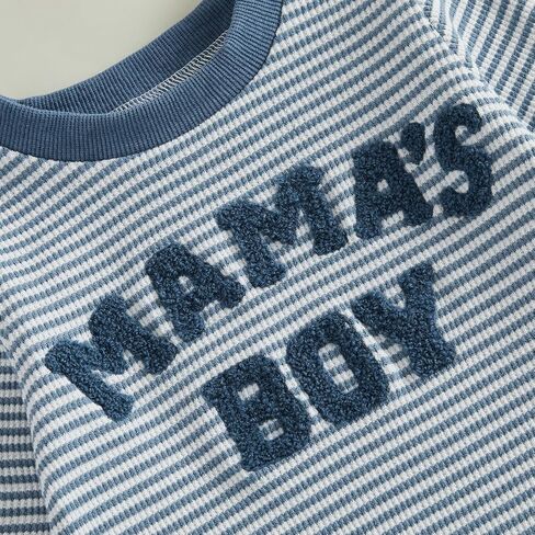 Baby Boy Clothes Fall Mamas Boy Embroidered Long Sleeve Sweatshirt Pants Set Toddler Striped Waffle Knit Outfit (Blue Mamas Boy, 12-18 Months) in Kuwait