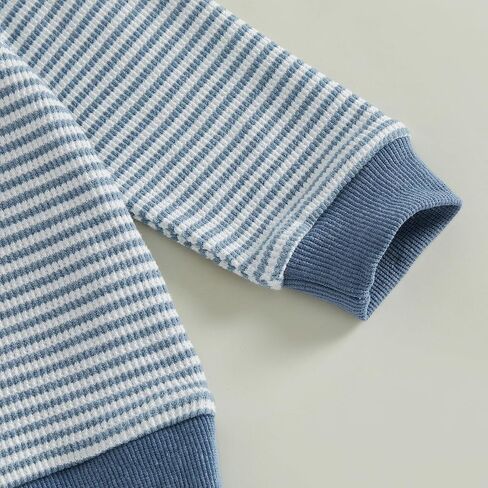 Baby Boy Clothes Fall Mamas Boy Embroidered Long Sleeve Sweatshirt Pants Set Toddler Striped Waffle Knit Outfit (Blue Mamas Boy, 12-18 Months) in Kuwait