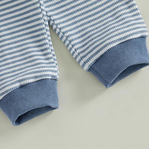 Baby Boy Clothes Fall Mamas Boy Embroidered Long Sleeve Sweatshirt Pants Set Toddler Striped Waffle Knit Outfit (Blue Mamas Boy, 12-18 Months) in Kuwait