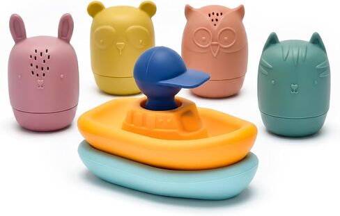 LITTLE RAWR Silicone Bath Toys for Babies 6-12 Months, Easy-to-Dry Detachable Animal Squirt Toys & Floating Boat Set for Toddlers 1-3, Soft Food-Grade Sensory Water Toys for Bathtub, Pool & Beach in Kuwait