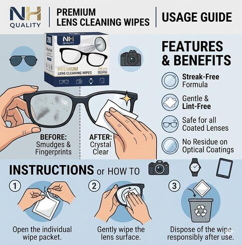 Lens Cleaning Wipes [200 Count] - Pre-Moistened, Individually Wrapped Glasses Cleaner | Streak-Free, Ammonia-Free Wipes for Eyeglasses, Screens, Tablets, and Camera Lenses in Kuwait