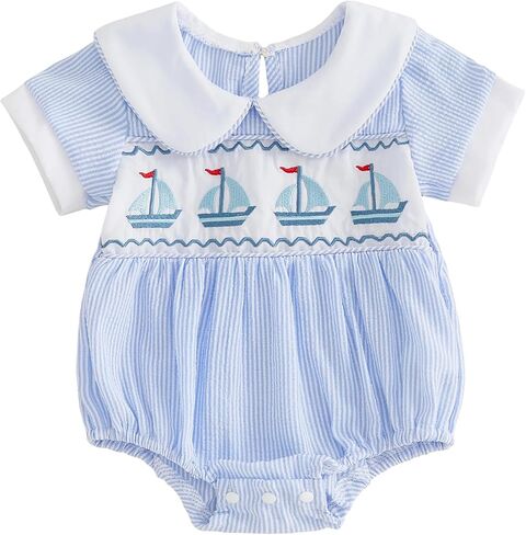 Newborn Baby Boy Girl Summer Bubble Romper Sailboat Embroidery Overalls Sleeveless Striped Bodysuit Beach Outfit in Kuwait