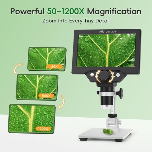 7" LCD Digital Microscope with 12MP 1080P Camera, 8 LED Lights & Metal Stand, Ultra-Precise Focus for Coins, Stamps, Soldering & PC View, 50–1200X Magnification in Kuwait