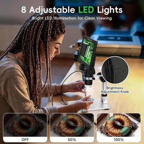 7" LCD Digital Microscope with 12MP 1080P Camera, 8 LED Lights & Metal Stand, Ultra-Precise Focus for Coins, Stamps, Soldering & PC View, 50–1200X Magnification in Kuwait