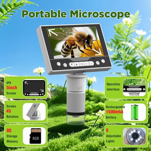 Digital Microscope, 12MP 1080P Handheld Microscope with 8 Adjustable LED Lights, 5" LCD Screen Coin Microscope 1000X, USB Microscope for Windows/MacOS, White in Kuwait
