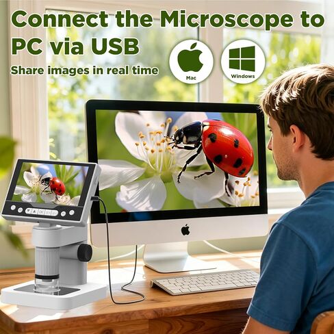 Digital Microscope, 12MP 1080P Handheld Microscope with 8 Adjustable LED Lights, 5" LCD Screen Coin Microscope 1000X, USB Microscope for Windows/MacOS, White in Kuwait