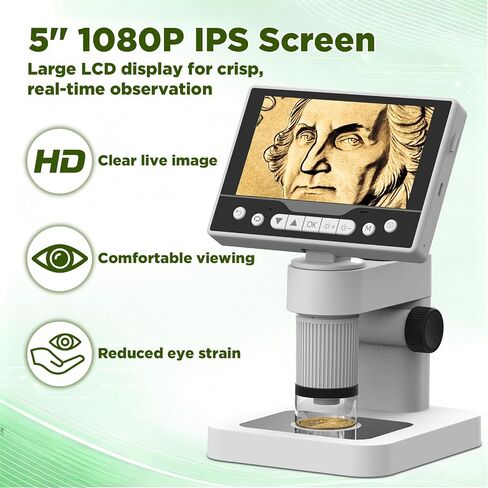 Digital Microscope, 12MP 1080P Handheld Microscope with 8 Adjustable LED Lights, 5" LCD Screen Coin Microscope 1000X, USB Microscope for Windows/MacOS, White in Kuwait