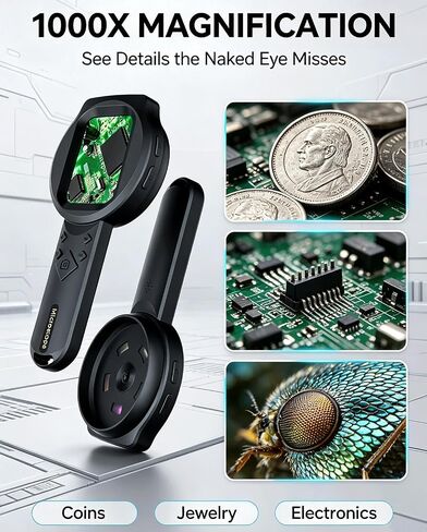 1000X Digital Microscope, 2.8" IPS Handheld Magnifier with 3 Lights | For Coins Jewelry Electronics Repair, Kids Science Educational Tool, 16MP Camera, Rechargeable Type-C, PC Compatible in Kuwait