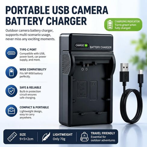 NP-FW50 Battery Charger, USB-C Camera Battery Charger with LED Indicator, Compatible with Sony Alpha A6000 A6400 A6100 A6500 A6300 A5100 A5000 A7 A7 II A7R II A7S II RX10 Series NEX-3 NEX-5 NEX-7 in Kuwait
