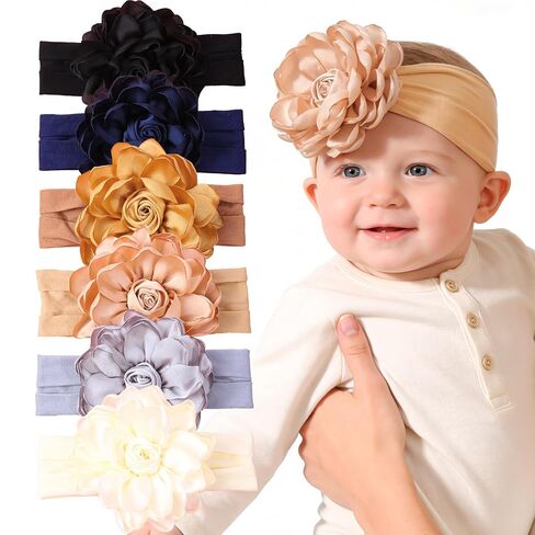XIMA Baby Satin Flower Headband, 6 Pcs Elastic Floral Hairband for Infant Toddler Girls, Soft Wide Stretchy Hair Wrap for Photoshoot Daily Wear in Kuwait