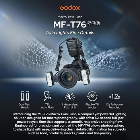Godox MF-T76 C for Canon Macro Twin Lite Flash, TTL HSS 2.4G Wireless | 1/8000s High-Speed Sync with Modeling Lights, 1.2s Recycle Time, 550 Full Power Flashes for Macro Photography in Kuwait
