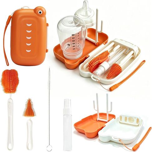 6-in-1 Baby Bottle Brush Set – Portable Silicone Bottle Cleaner with Drying Rack, Soap Dispenser, Nipple Brush & Straw Brush – Travel-Friendly Bottle Cleaning Kit in Kuwait