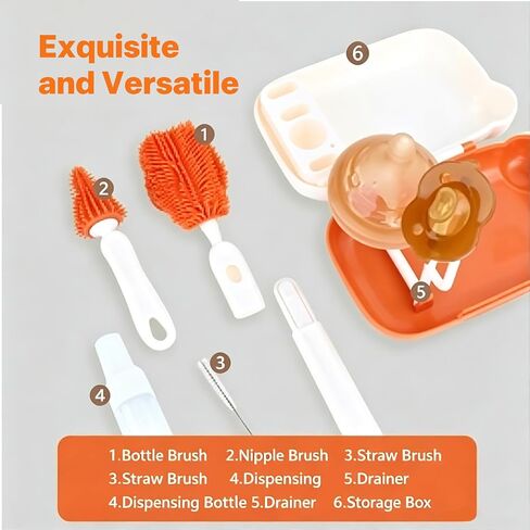 6-in-1 Baby Bottle Brush Set – Portable Silicone Bottle Cleaner with Drying Rack, Soap Dispenser, Nipple Brush & Straw Brush – Travel-Friendly Bottle Cleaning Kit in Kuwait