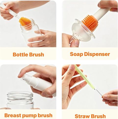 6-in-1 Baby Bottle Brush Set – Portable Silicone Bottle Cleaner with Drying Rack, Soap Dispenser, Nipple Brush & Straw Brush – Travel-Friendly Bottle Cleaning Kit in Kuwait