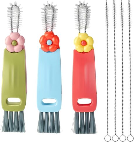 JJUNW 3 in 1 Cup Lid Cleaning Brush, 7Pcs Portable Cup Cleaner Set with 4 Long-Bristled Tools, Water Bottle Cleaner for Home Kitchen and Travel in Kuwait