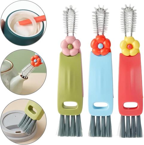 JJUNW 3 in 1 Cup Lid Cleaning Brush, 7Pcs Portable Cup Cleaner Set with 4 Long-Bristled Tools, Water Bottle Cleaner for Home Kitchen and Travel in Kuwait