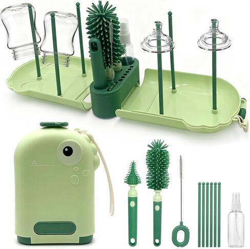 Travel Baby Bottle Brush Kit with Case, 6-in-1 Portable Bottle Cleaning Set for Baby Bottles, Nipples, Straws and Breast Pump Parts, Includes Drying Rack and Soap Dispenser, Green in Kuwait