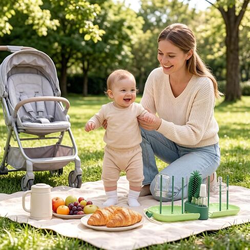 Travel Baby Bottle Brush Kit with Case, 6-in-1 Portable Bottle Cleaning Set for Baby Bottles, Nipples, Straws and Breast Pump Parts, Includes Drying Rack and Soap Dispenser, Green in Kuwait