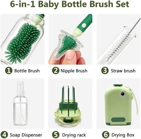 Travel Baby Bottle Brush Kit with Case, 6-in-1 Portable Bottle Cleaning Set for Baby Bottles, Nipples, Straws and Breast Pump Parts, Includes Drying Rack and Soap Dispenser, Green in Kuwait
